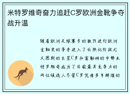 米特罗维奇奋力追赶C罗欧洲金靴争夺战升温 米特罗维奇奋力追赶C罗欧洲金靴争夺战升温